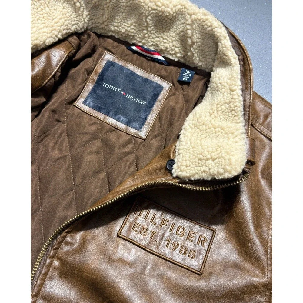 Tommy Hilfiger Faux Leather Bomber Jacket Mens XL Brown Fleece Collar Aviator